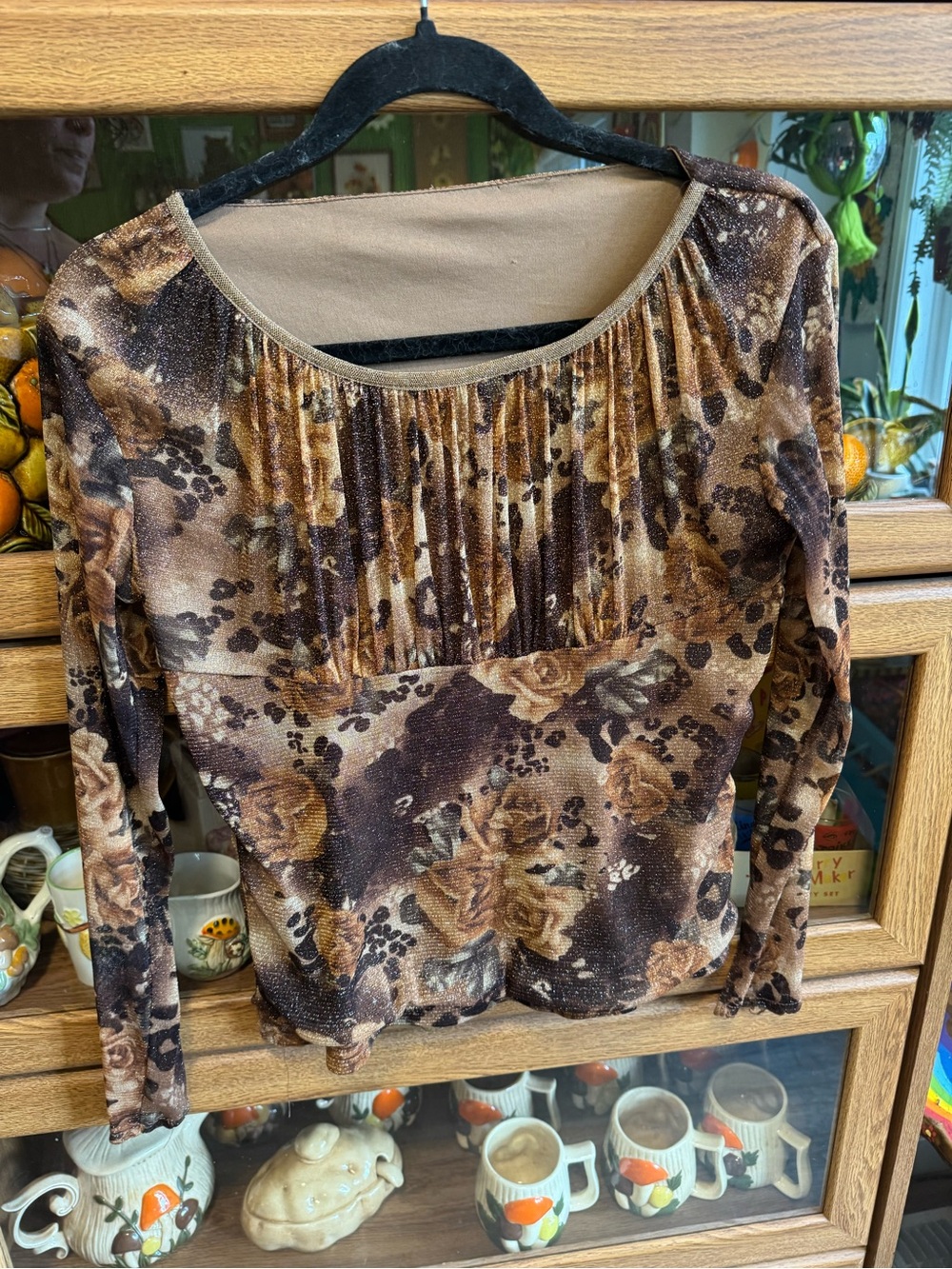 Women's Brown Floral Pleated Long-Sleeve Top